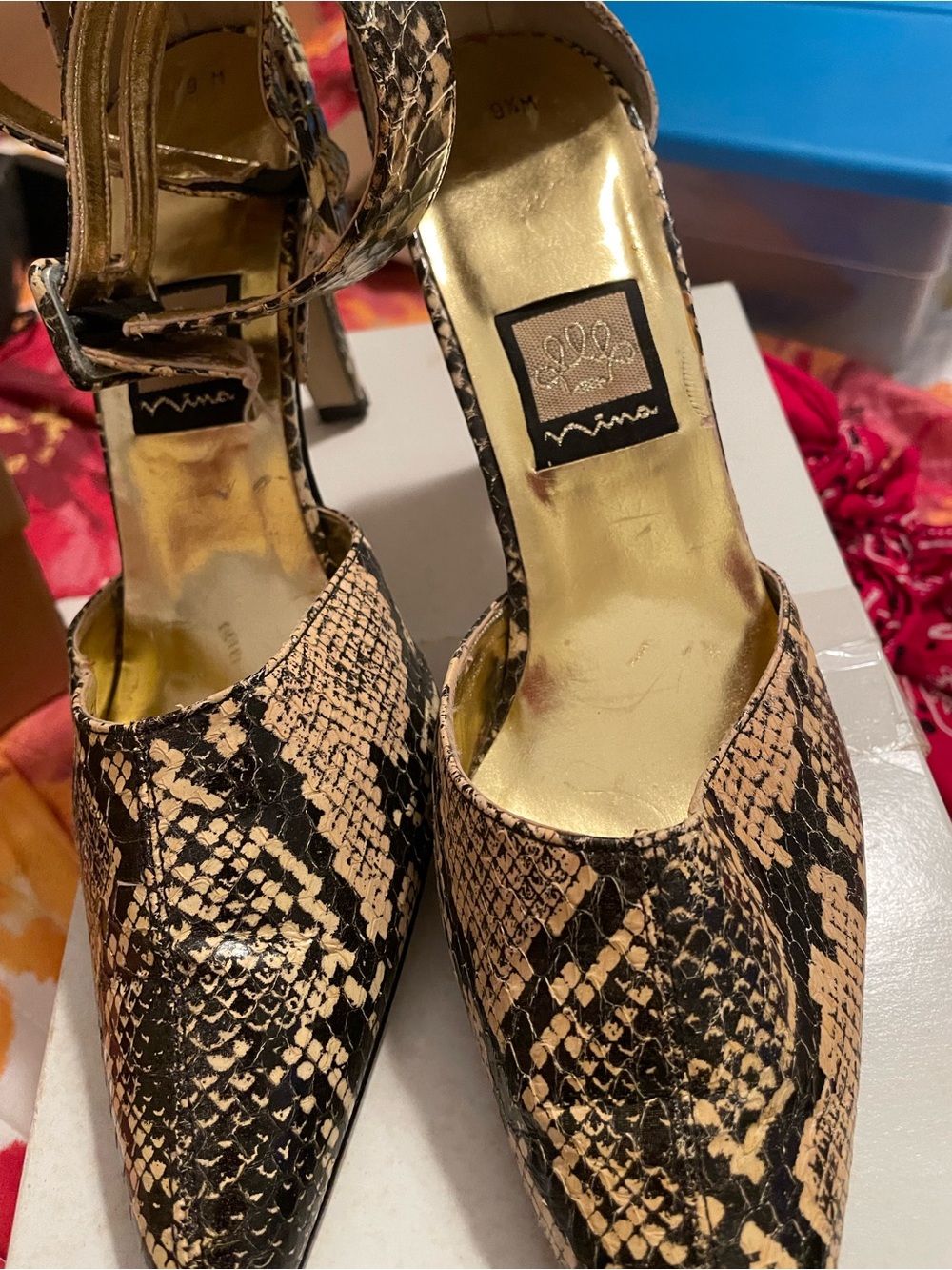 Nina Snake-Print Black and Beige Ankle-Strap Pumps